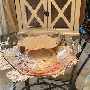 Pink Depression Etched Glass Serving Bowl with Handles